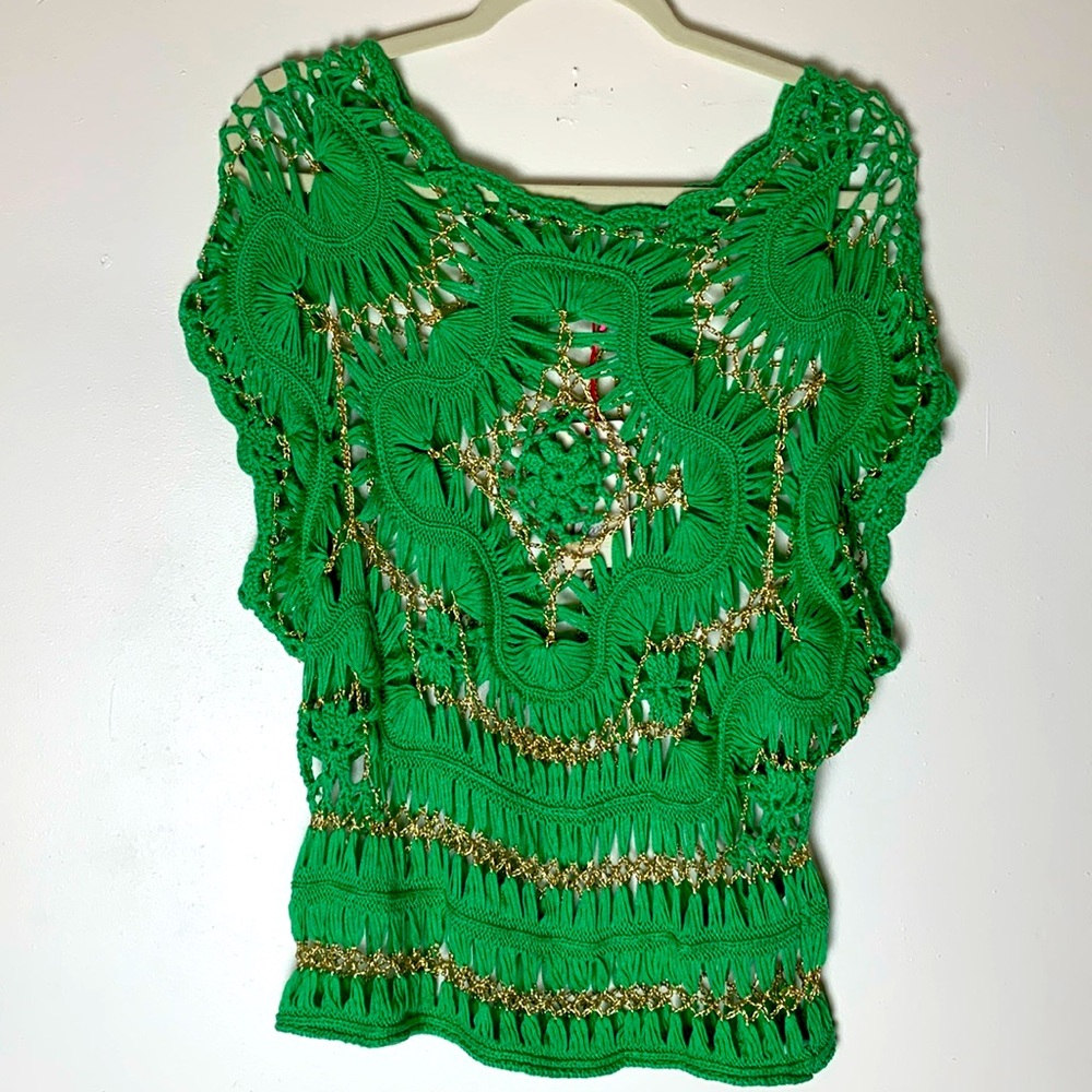 Somya  Green & Gold crocheted top.